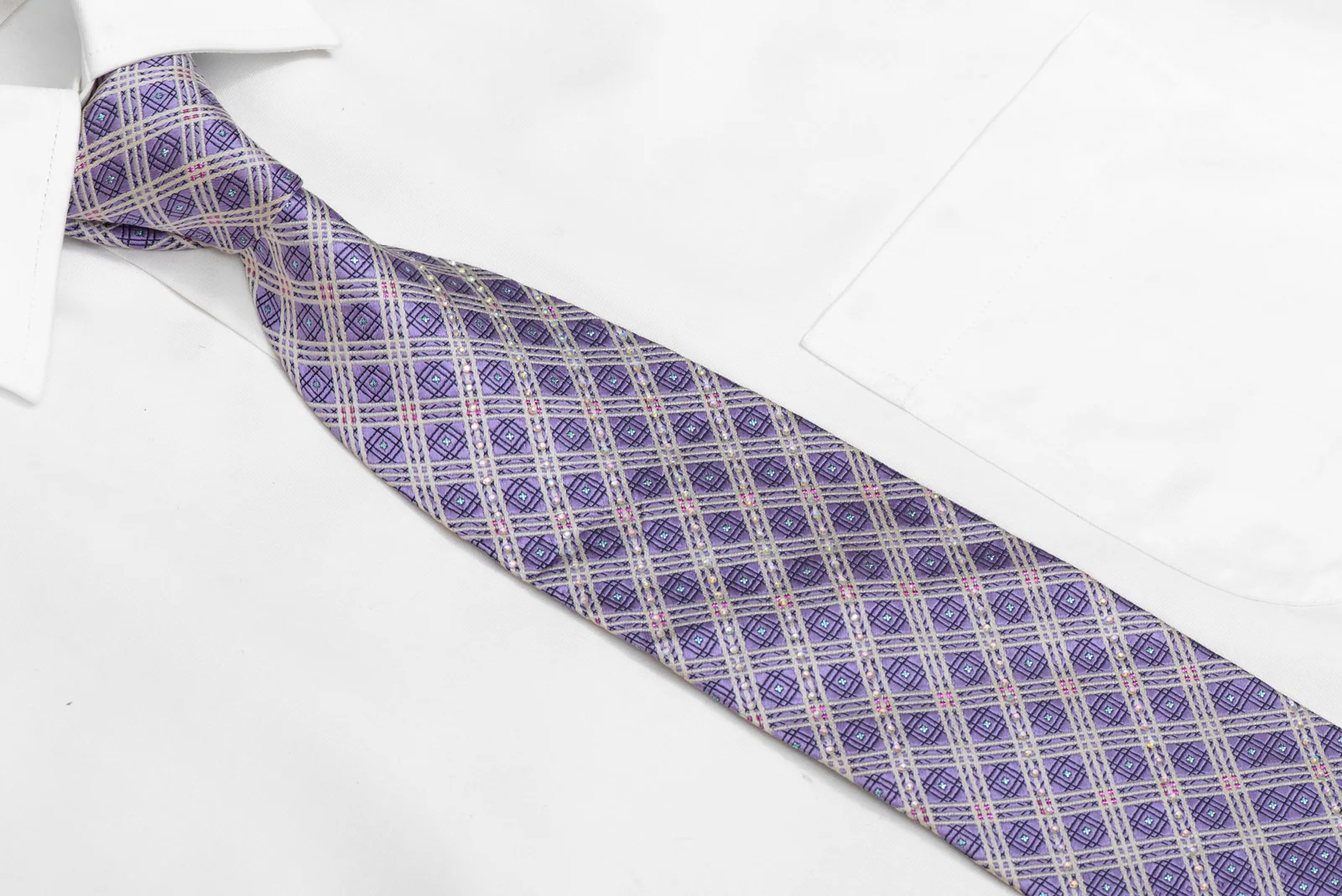 Silver Striped On Mauve Rhinestone Silk Necktie With Blue Sparkles - Image 2