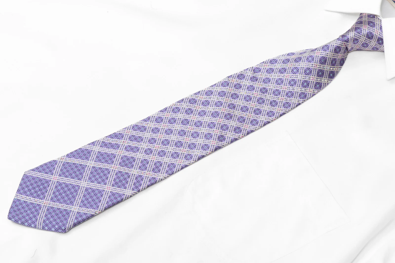 Silver Striped On Mauve Rhinestone Silk Necktie With Blue Sparkles - Image 3