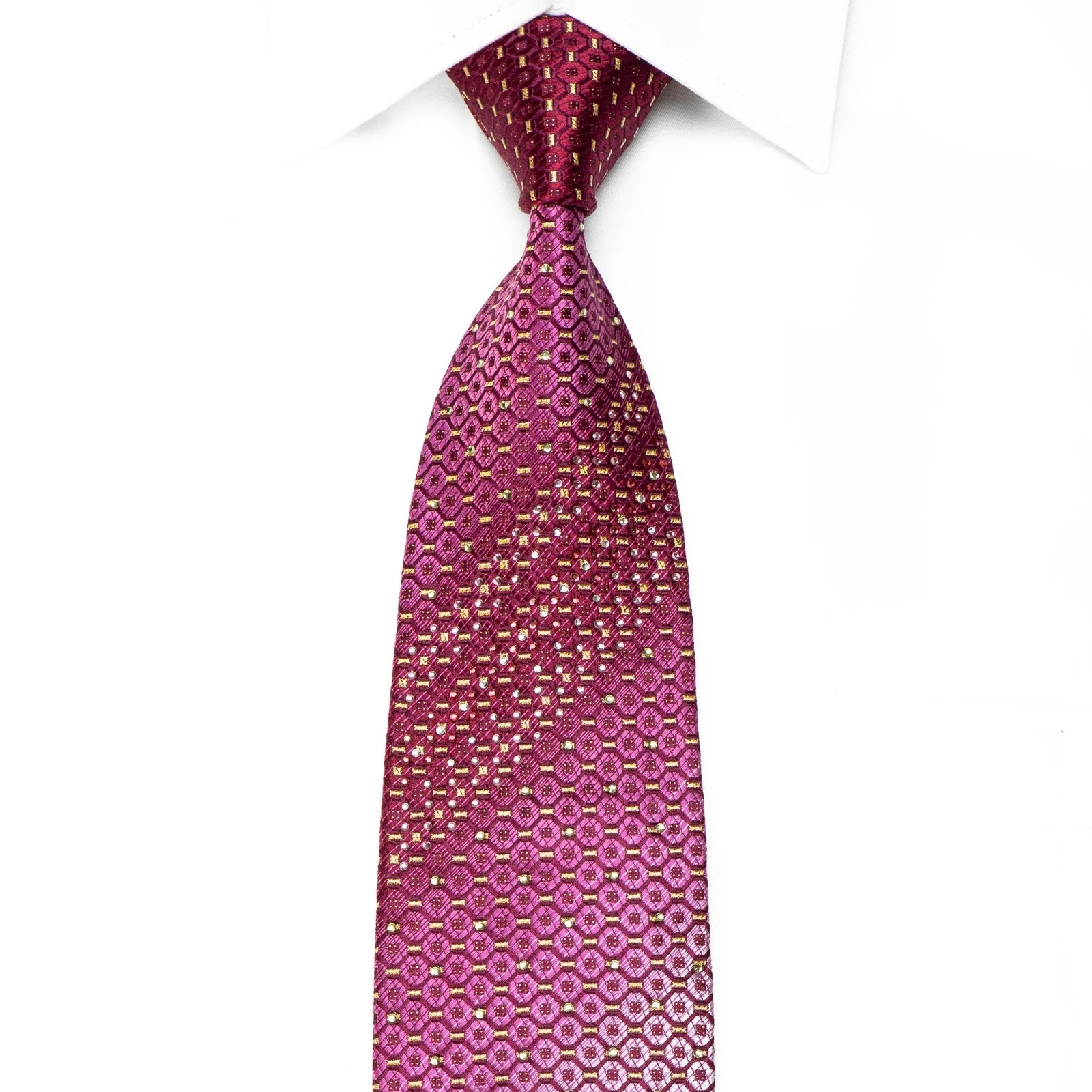 Roygen Men's Crystal Silk Necktie Purple Geometric On Burgundy With Gold Sparkles