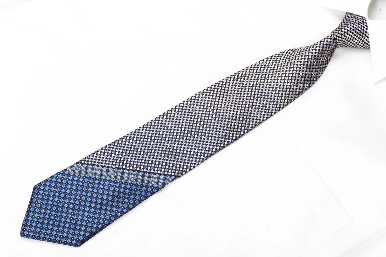 Roygen Men's Silk Necktie Silver Blue Checkered With Sparkles - Image 3
