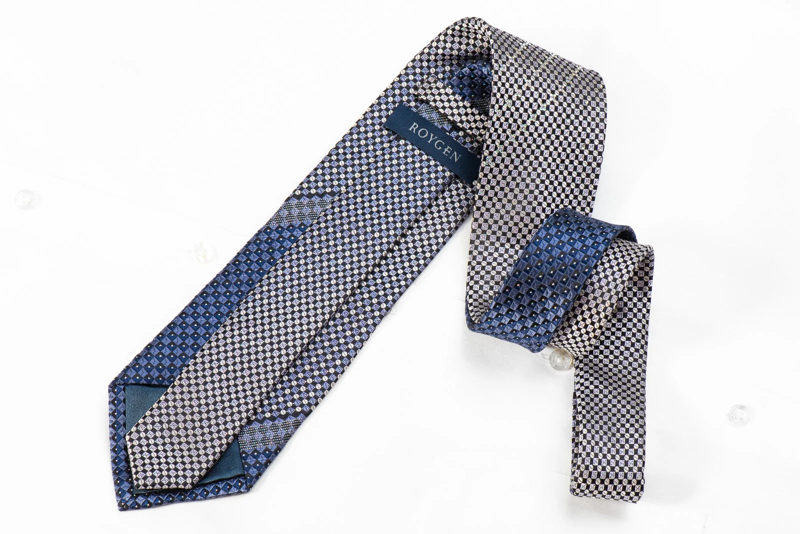 Roygen Men's Silk Necktie Silver Blue Checkered With Sparkles - Image 4