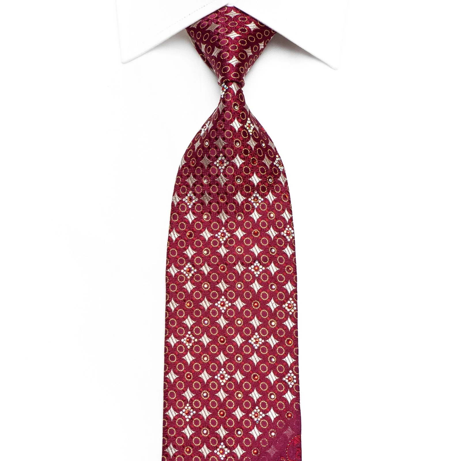 Roygen Mens Crystal Rhinestone Silk Necktie Golden Geometric & Cartouche On Burgundy With Sparkles
