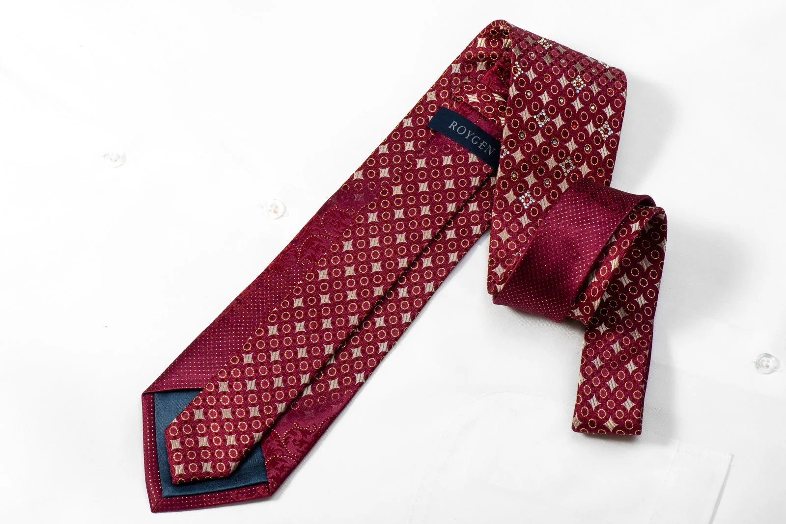 Roygen Mens Crystal Rhinestone Silk Necktie Golden Geometric & Cartouche On Burgundy With Sparkles - Image 3