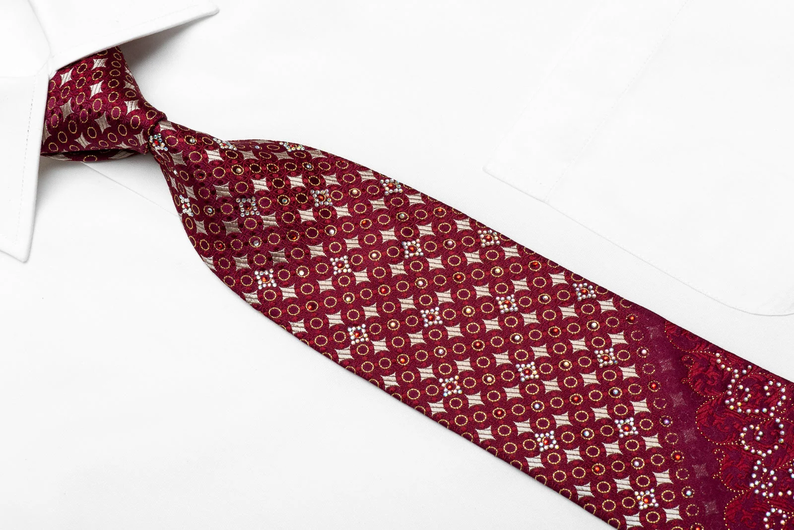 Roygen Mens Crystal Rhinestone Silk Necktie Golden Geometric & Cartouche On Burgundy With Sparkles - Image 4