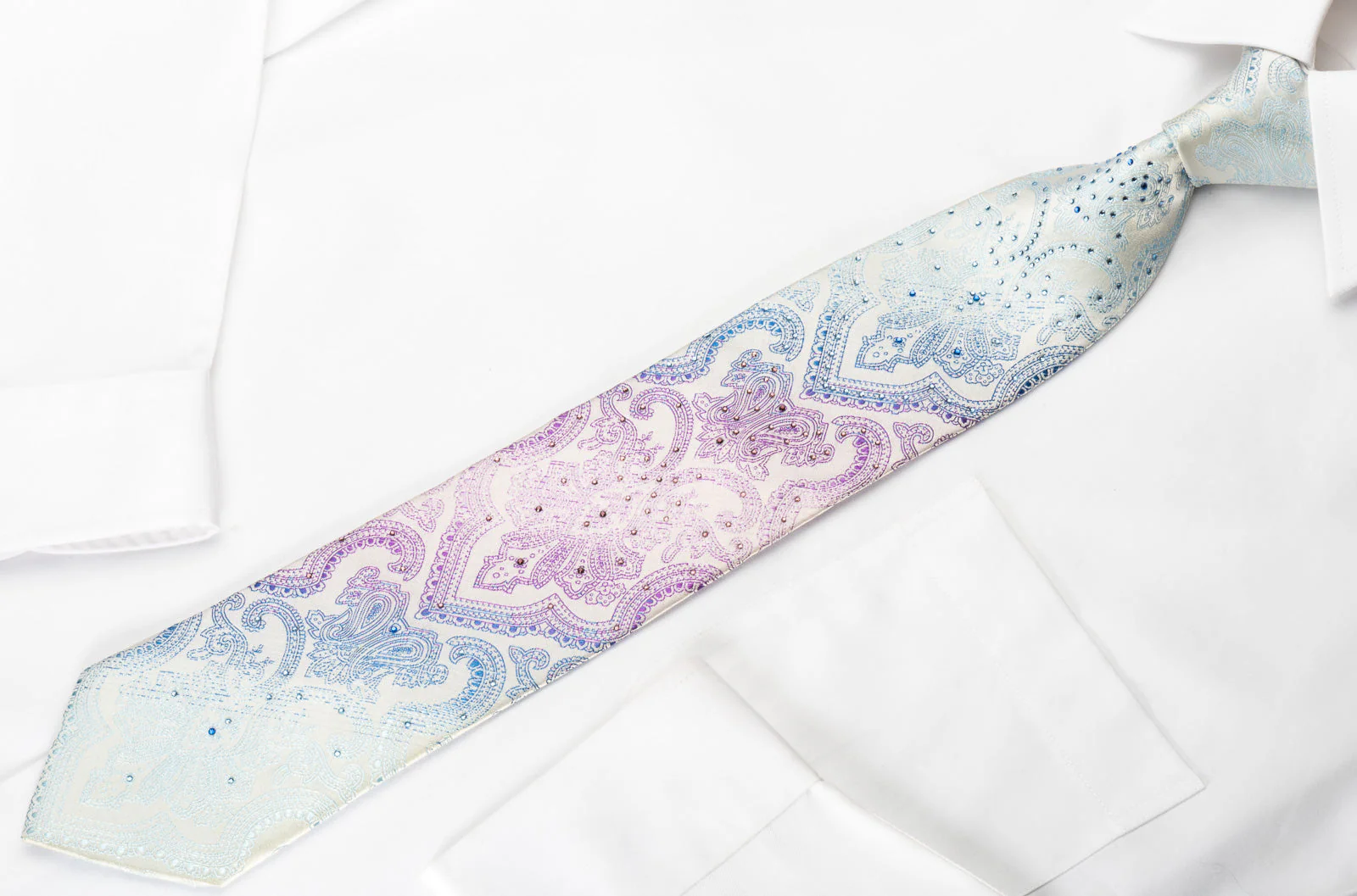 Roygen Rhinestone Tie Blue Purple Damask On White Silk - Image 5