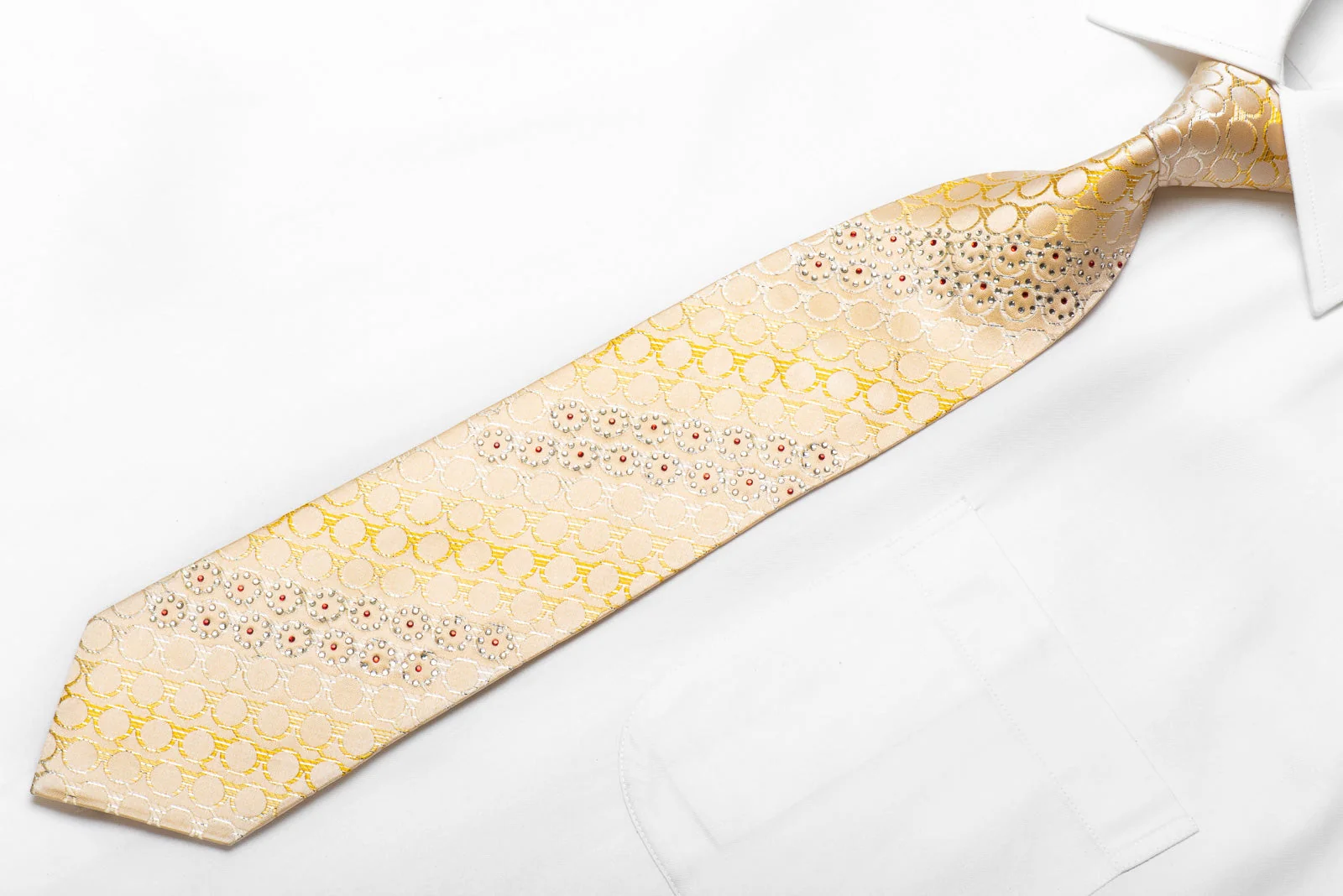 Rubinstein Men's Crystal Silk Tie Geometric Circles On Peach With Silver Sparkles - Image 4