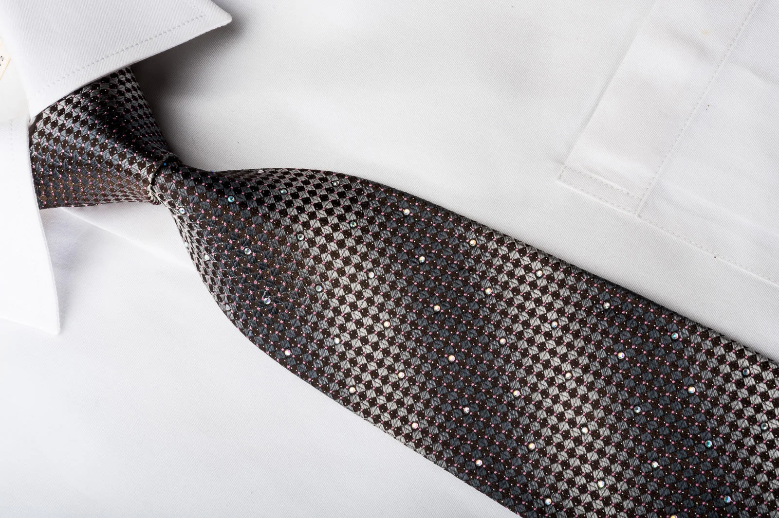 Saehan Rhinestone Silk Necktie Silver Brown Checkered With Silver Sparkles - Image 2