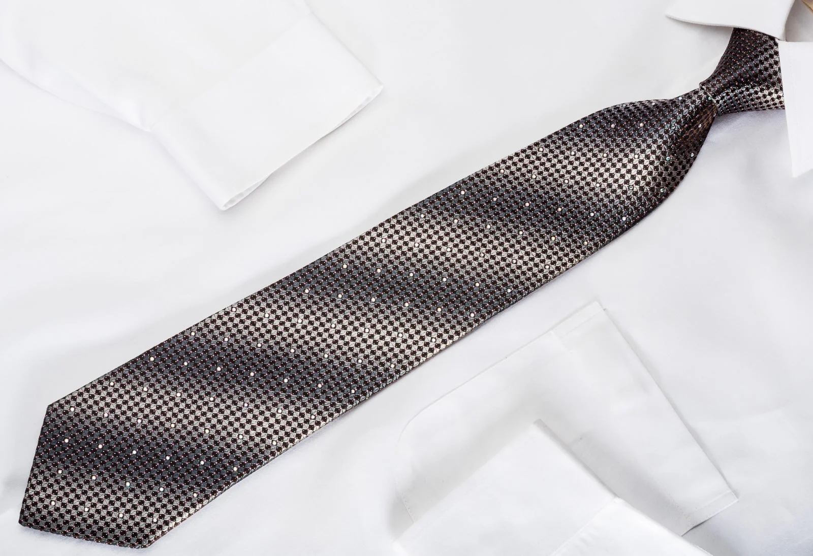 Saehan Rhinestone Silk Necktie Silver Brown Checkered With Silver Sparkles - Image 3