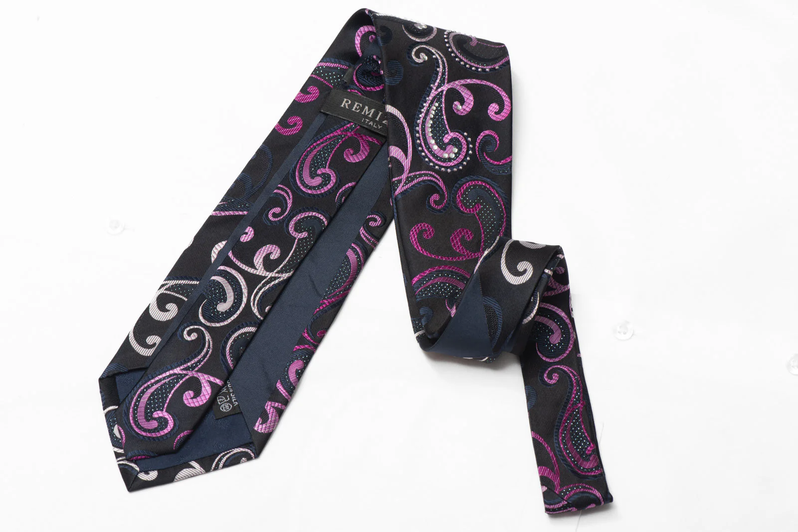 Scrolls On Navy Blue Rhinestone Silk Necktie With Silver Sparkles - Image 3