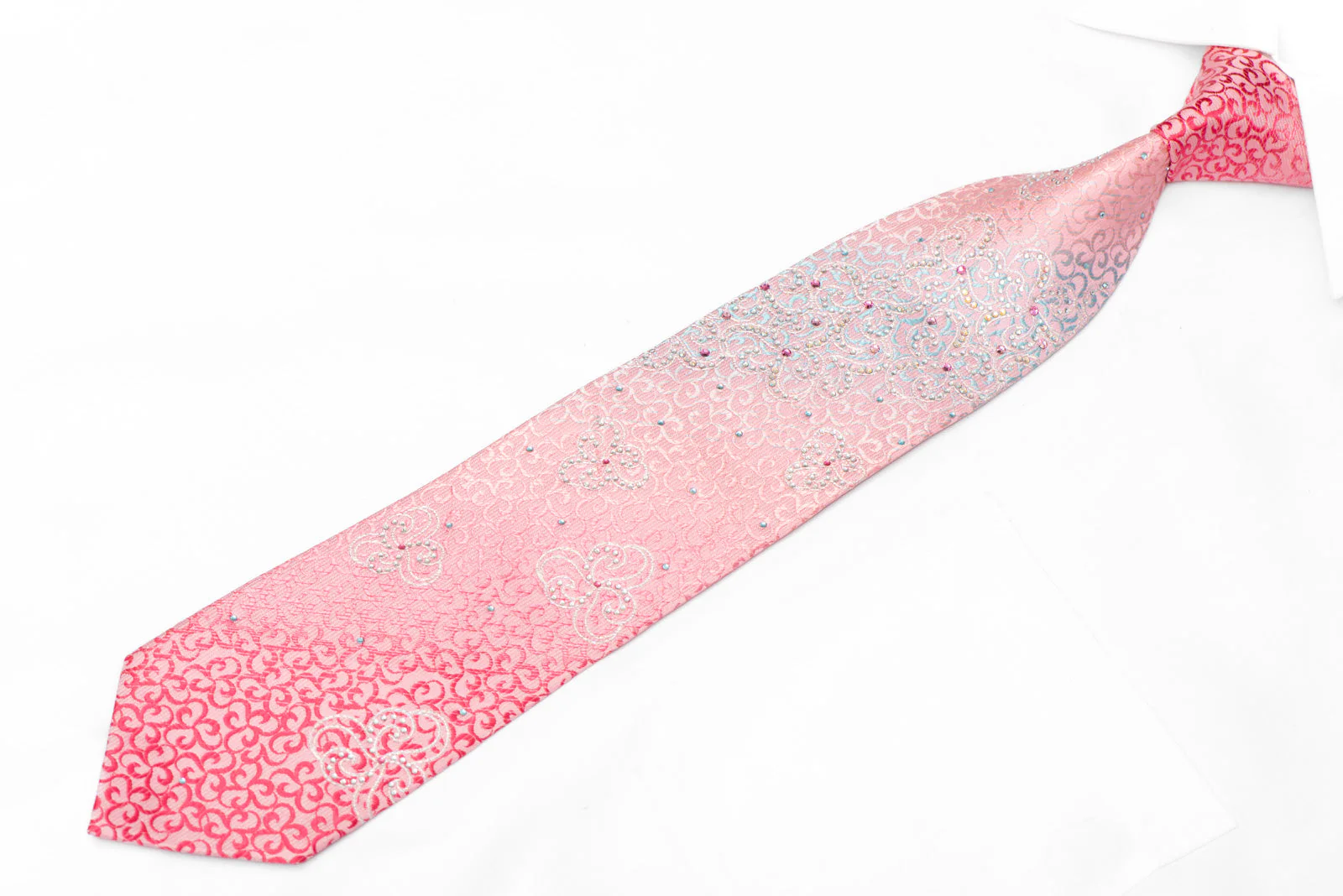 Scrolls On Pink Rhinestone Silk Tie With Silver Sparkles - Image 2