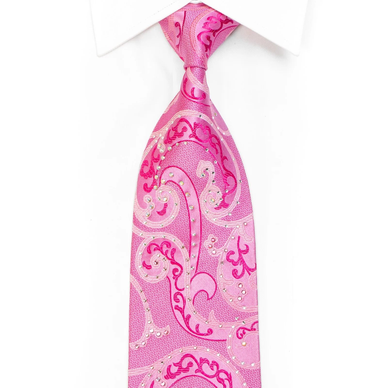 Scrolls On Pink Silk Rhinestone Necktie