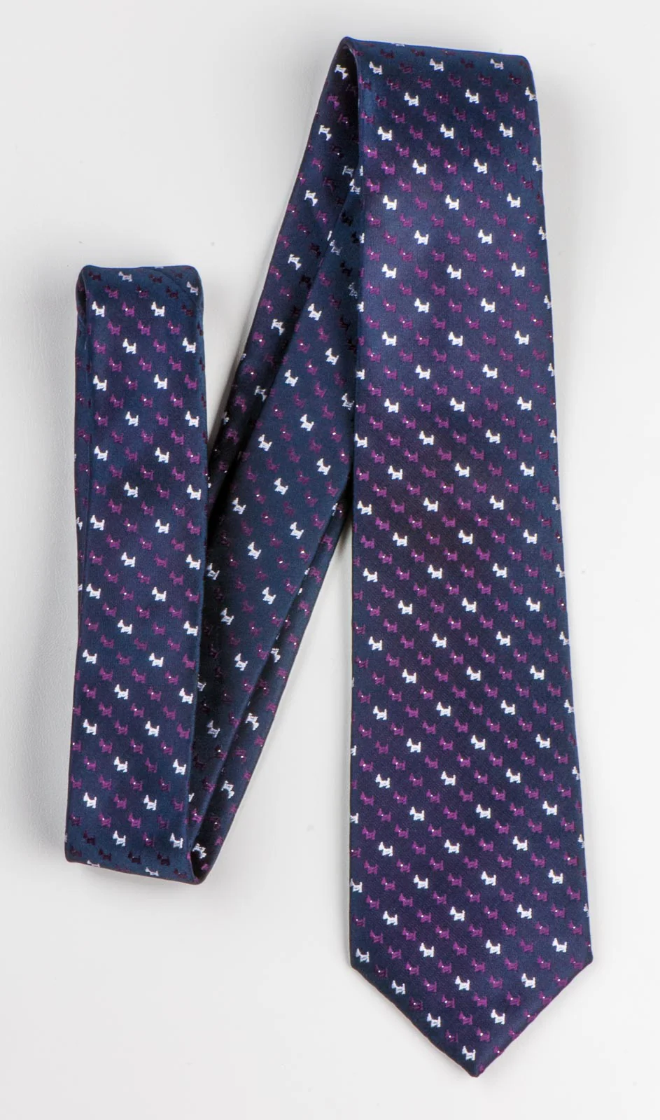 Silk Neck Tie By Clover Purple & Silver Scotty Dogs On Black 2 3/4 Inch - Image 4