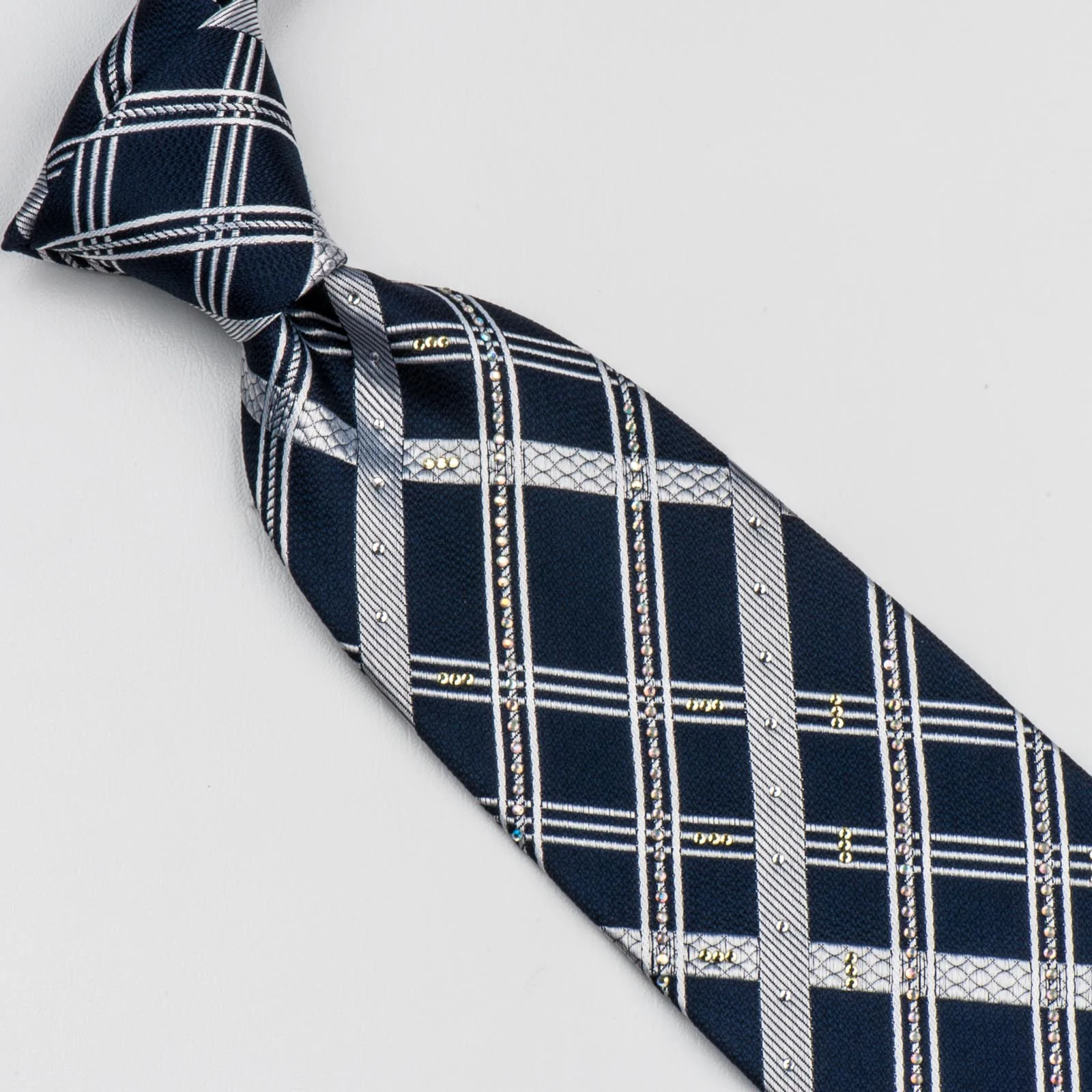 Silk Neck Tie By Elle Homme Silver Stripes On Black With Rhinestones 3 1/4 Inch - Image 4