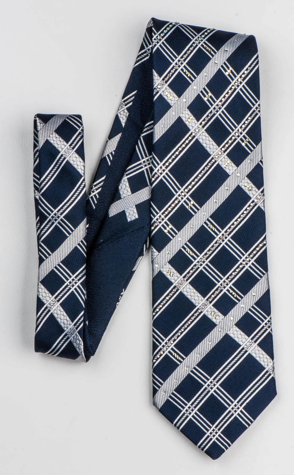 Silk Neck Tie By Elle Homme Silver Stripes On Black With Rhinestones 3 1/4 Inch - Image 5