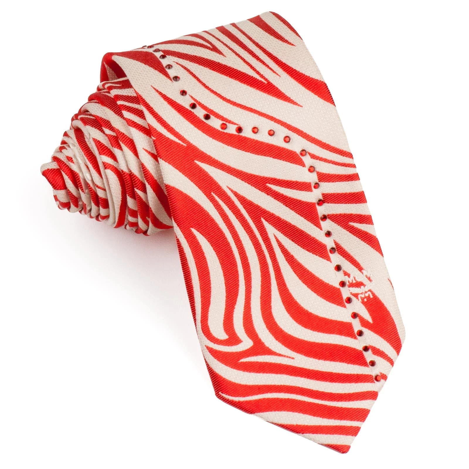 Silk Neck Tie By MCM Red Zebra Stripes Design On White With Red Rhinestones