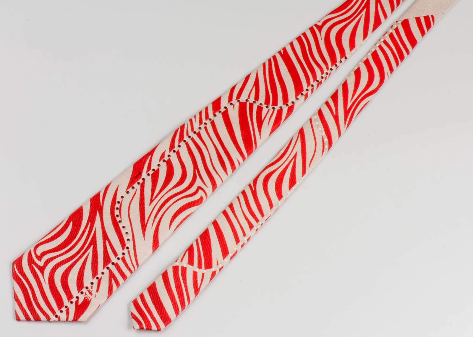 Silk Neck Tie By MCM Red Zebra Stripes Design On White With Red Rhinestones - Image 2