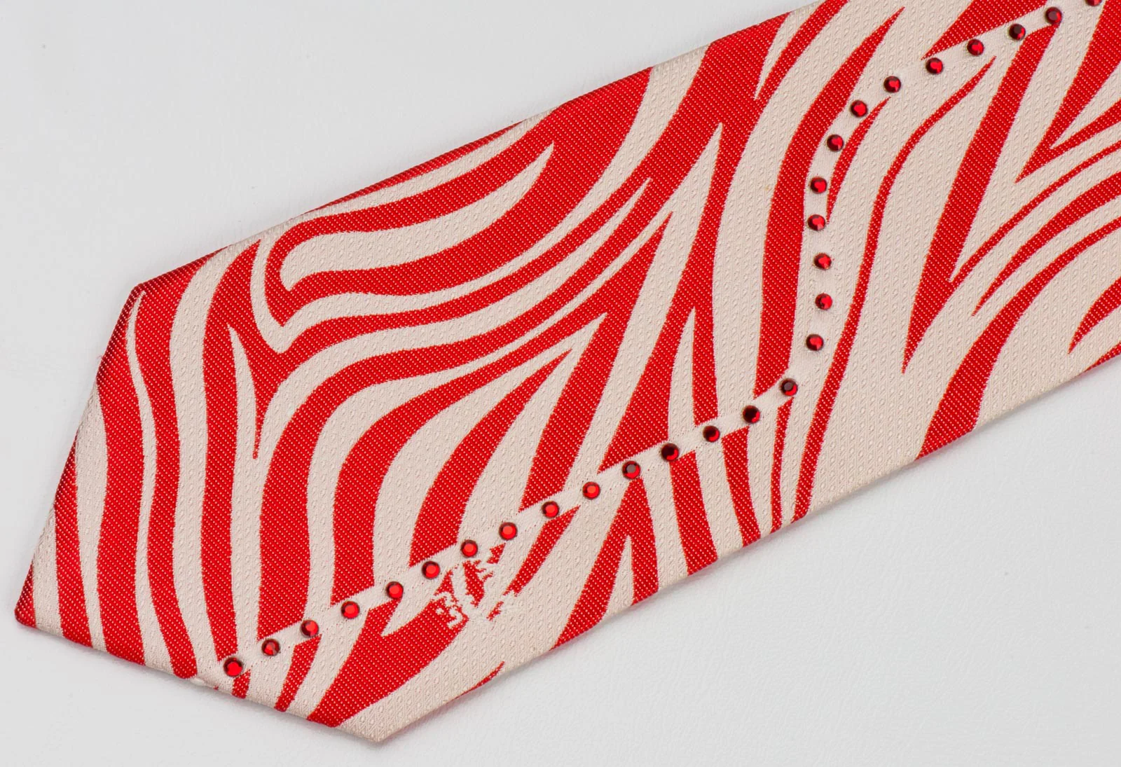 Silk Neck Tie By MCM Red Zebra Stripes Design On White With Red Rhinestones - Image 4