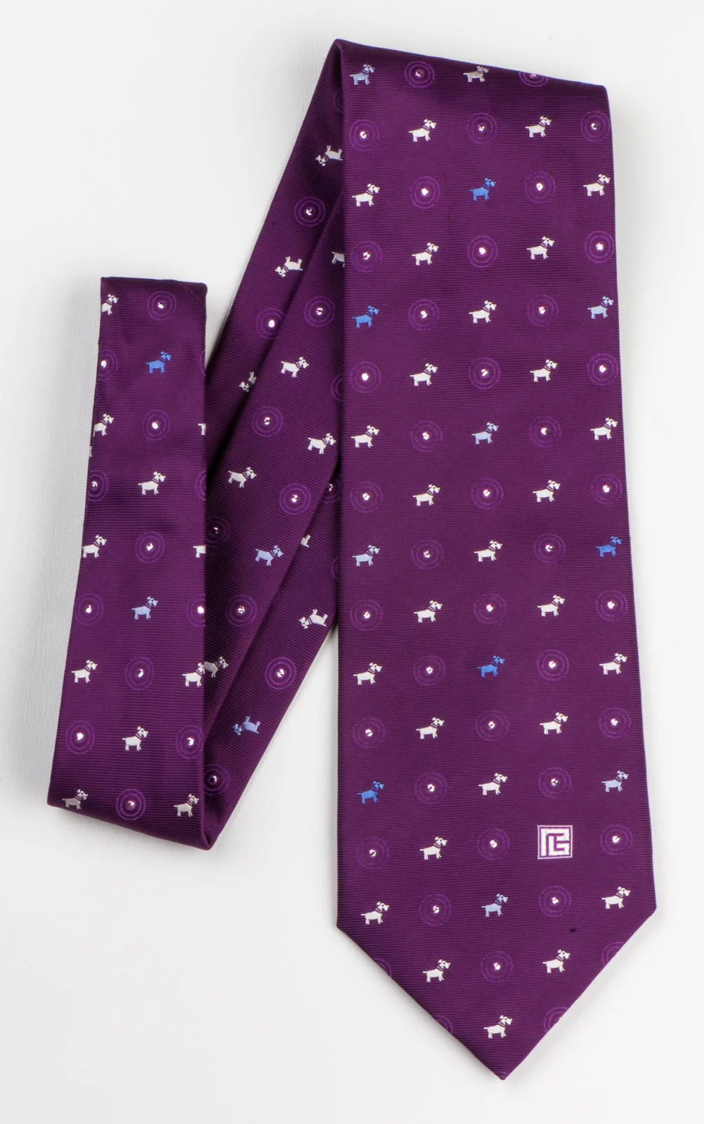 Silk Neck Tie By Pierre Balmain White Blue Scottie Dogs On Purple With Silver Sparkles - Image 5