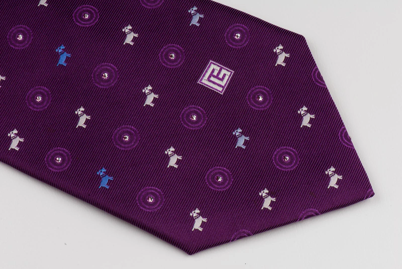 Silk Neck Tie By Pierre Balmain White Blue Scottie Dogs On Purple With Silver Sparkles - Image 6