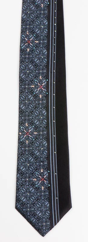Silk Neck Tie By Pierre Cardin Gray Geometric Floral Design On Black With Rhinestones - Image 2