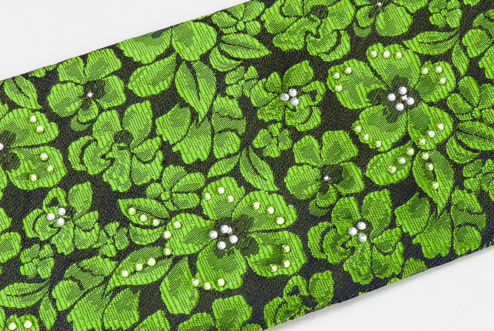 Silk Neck Tie By Rogers Dail Green Floral Design On Black With Rhinestones - Image 2