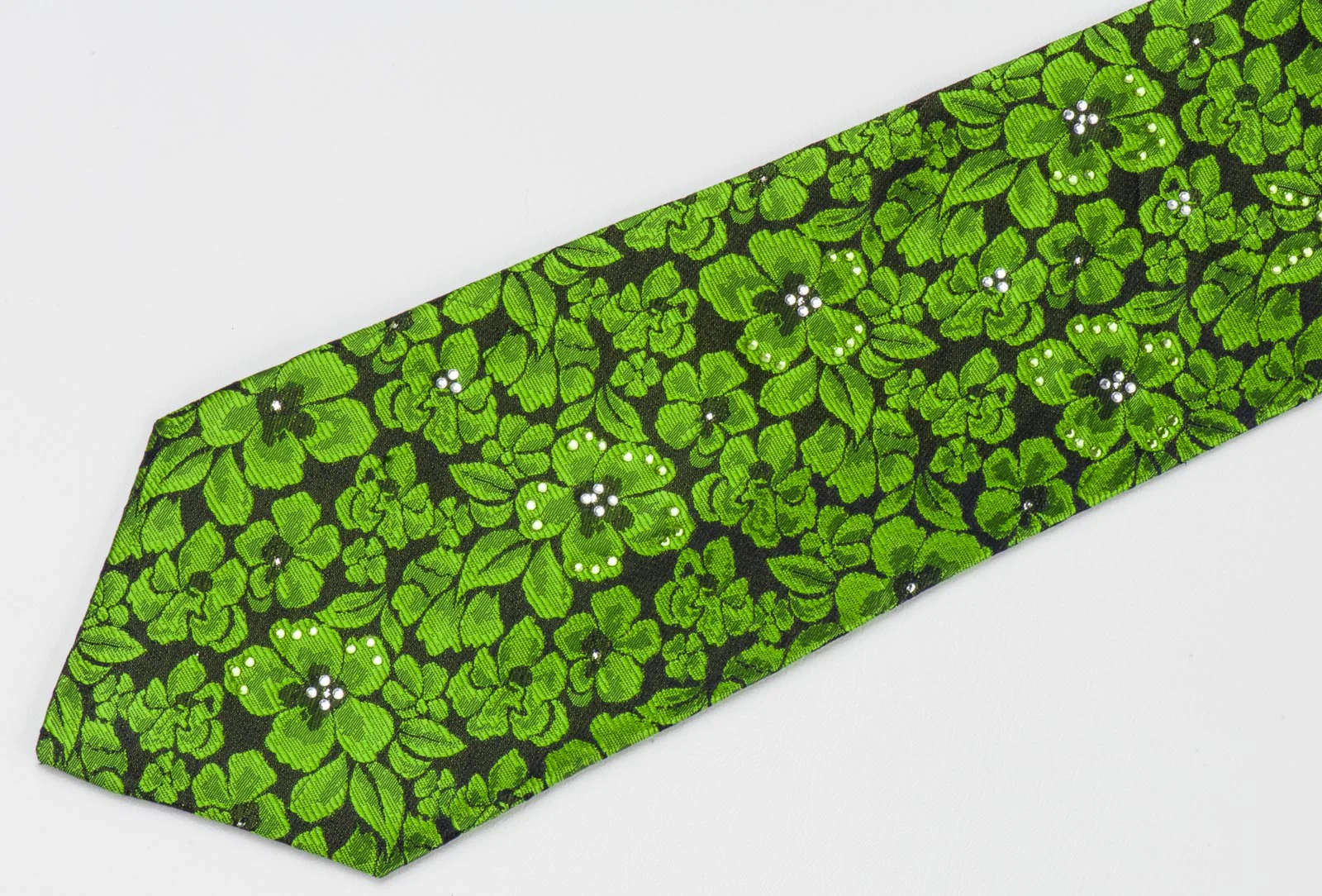 Silk Neck Tie By Rogers Dail Green Floral Design On Black With Rhinestones - Image 4