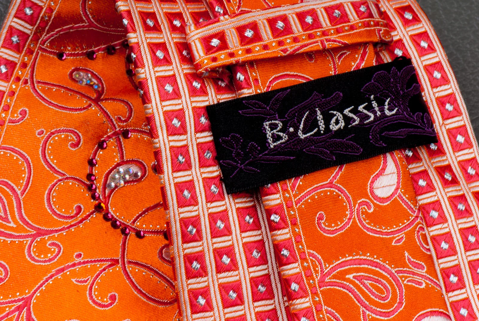 Silk Neck Tie With Rhinestones By B-Classic Red Paisley On Orange 3 1/2 Inch - Image 3