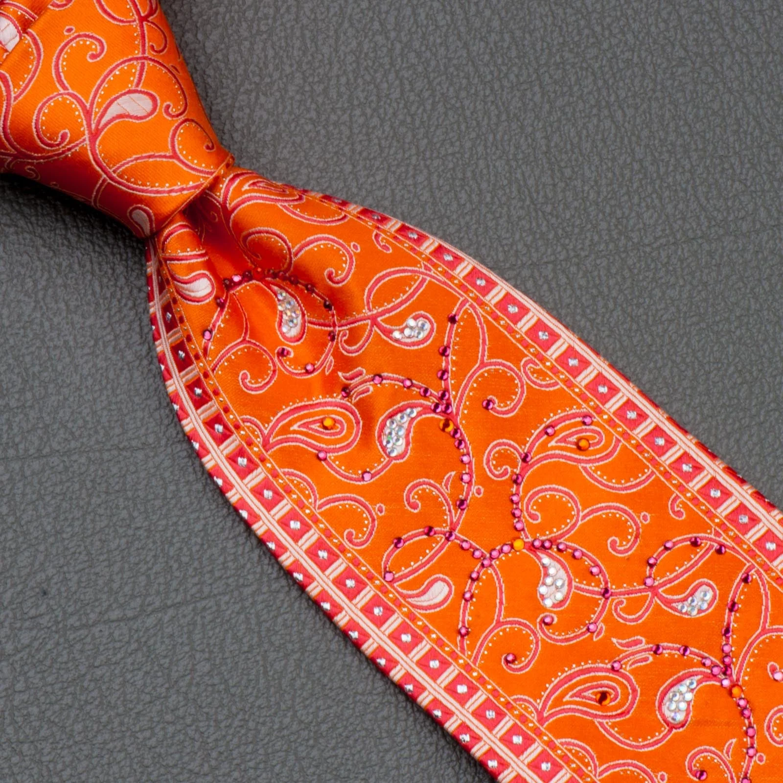 Silk Neck Tie With Rhinestones By B-Classic Red Paisley On Orange 3 1/2 Inch - Image 4