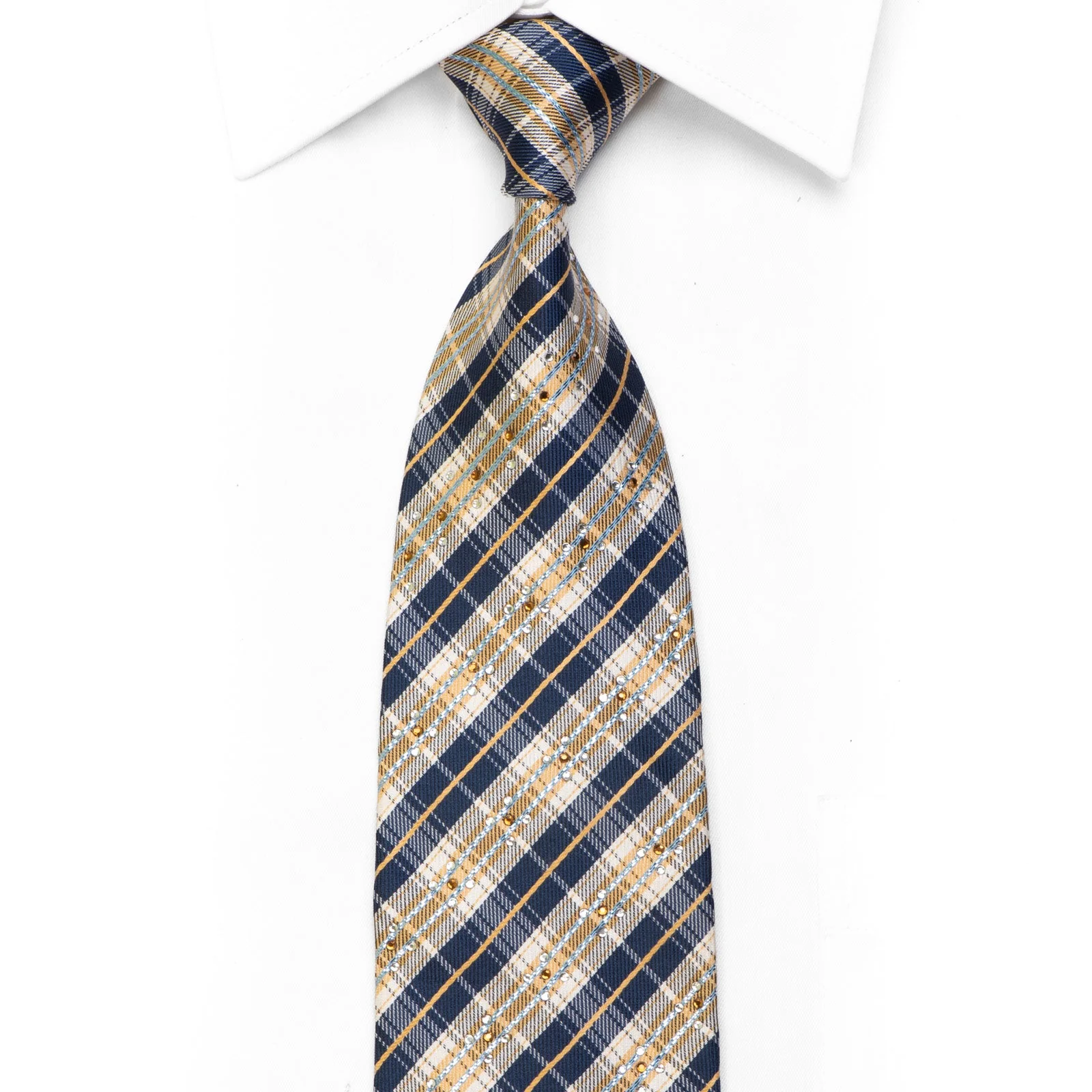 Silk Necktie Blue Beige Gold Silver Plaid With Rhinestones & Sparkles