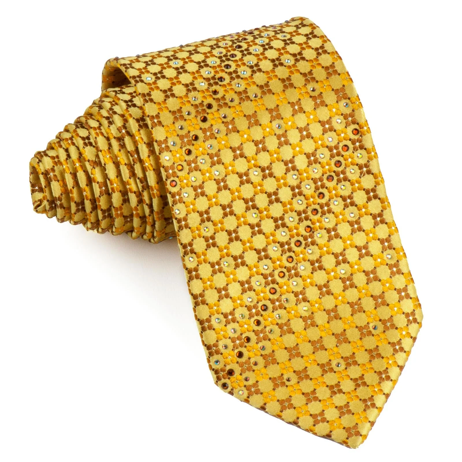 Silk Necktie By Metro City Geometric Design On Yellow With Rhinestone & Sparkles