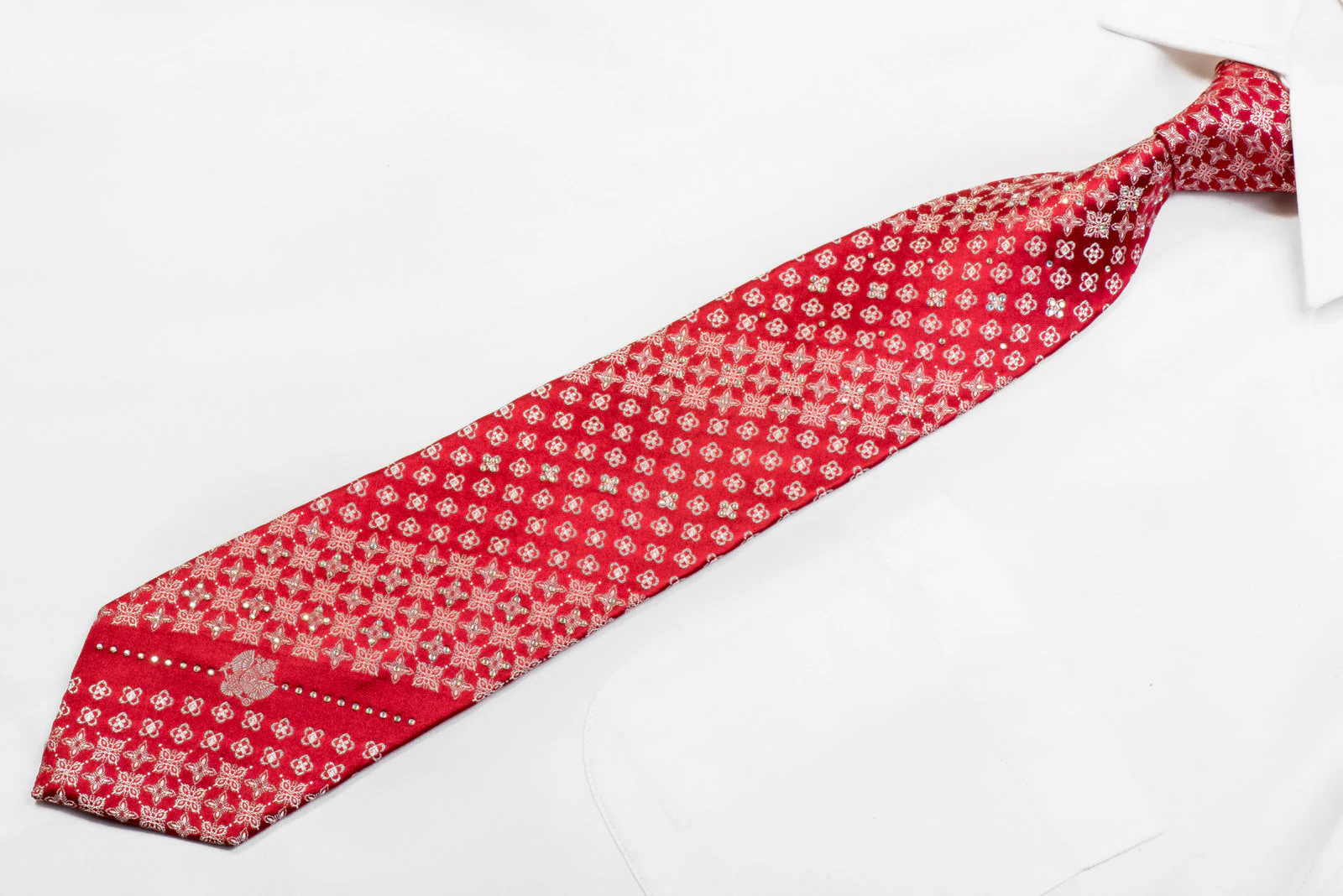 Silk Necktie Silver Cartouche On Red With Silver Sparkles - Image 3