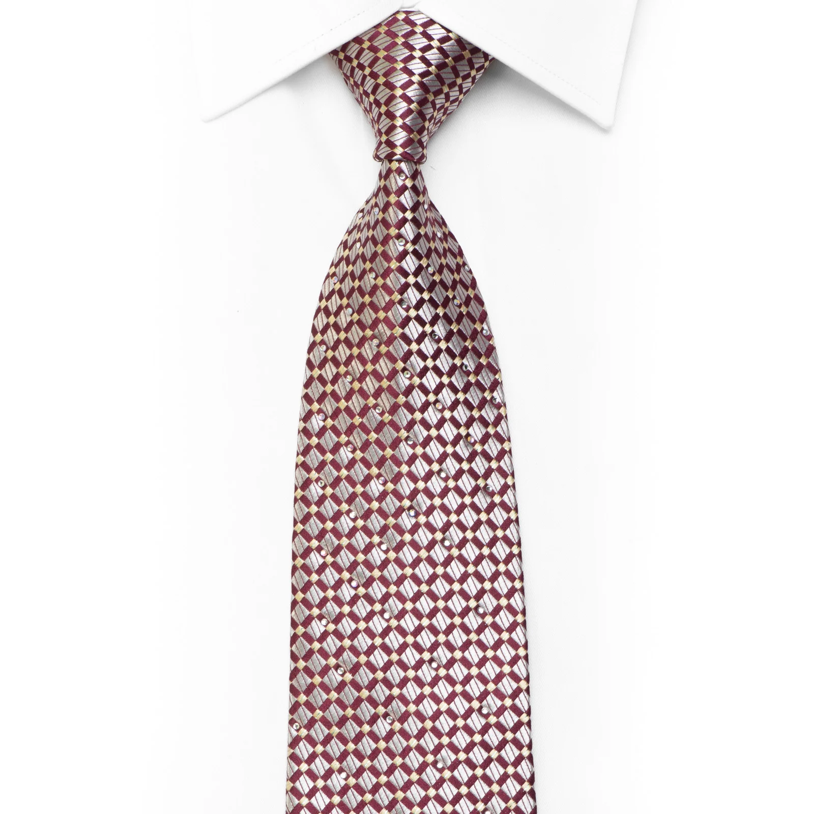 Silk Necktie Silver Geometric On Burgundy With Silver Sparkles