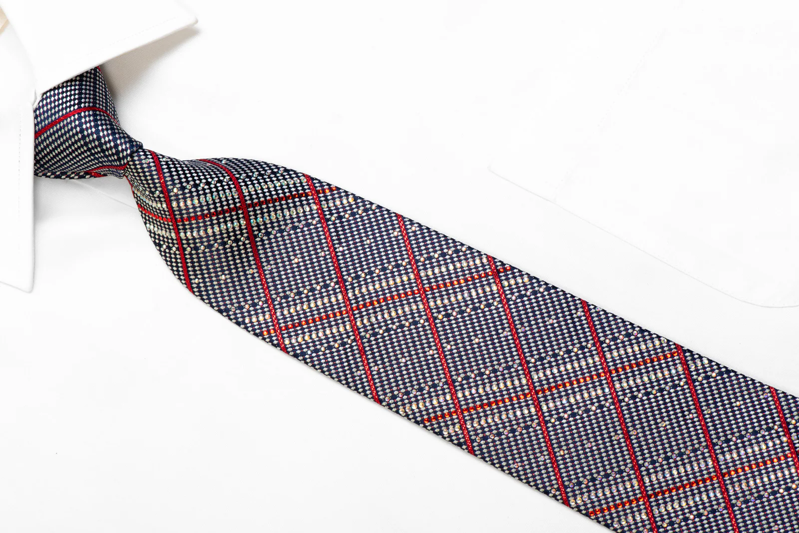 Silver Plaid & Red Striped On Navy Rhinestone Tie With Sparkles - Image 2