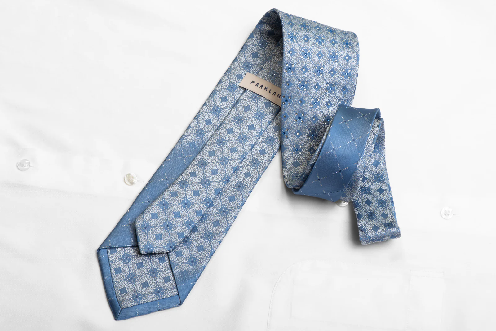 Silk Necktie Silver Medallions On Blue Sparkling With Rhinestones - Image 4