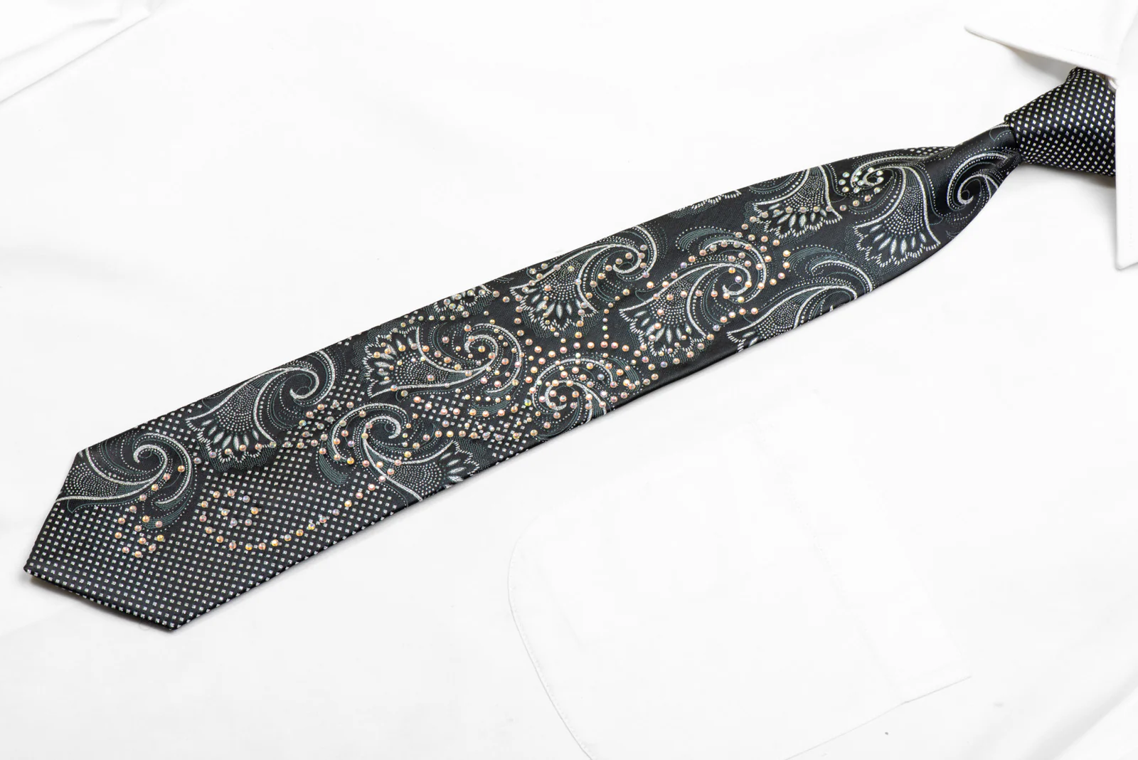 Silver Acanthus On Black Rhinestone Silk Necktie With Silver Sparkles - Image 3