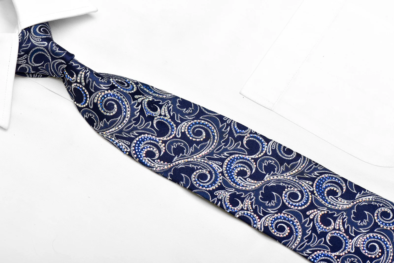Silver Acanthus Scrolls On Blue Rhinestone Silk Necktie - Image 2