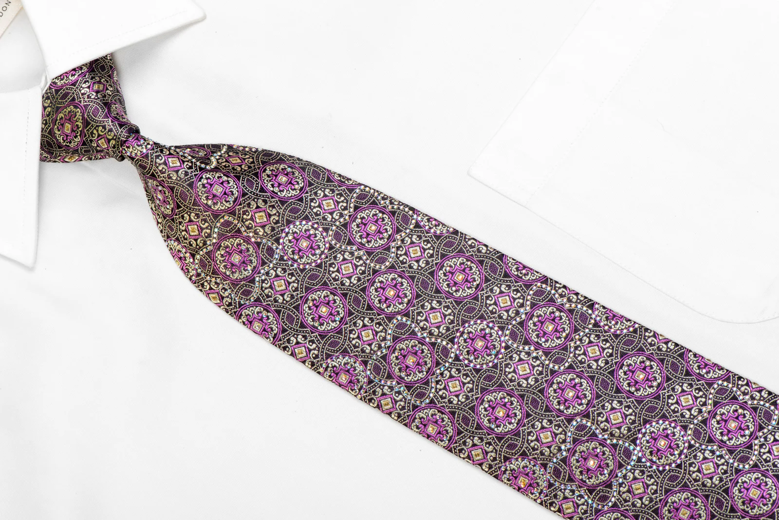 Silver Arabesque On Black Rhinestone Silk Necktie With Sparkles - Image 2