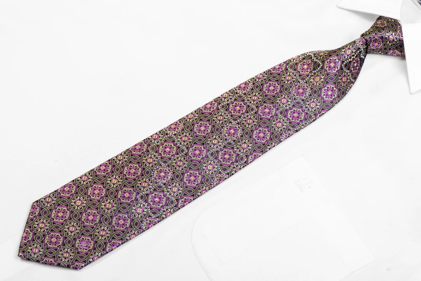 Silver Arabesque On Black Rhinestone Silk Necktie With Sparkles - Image 3