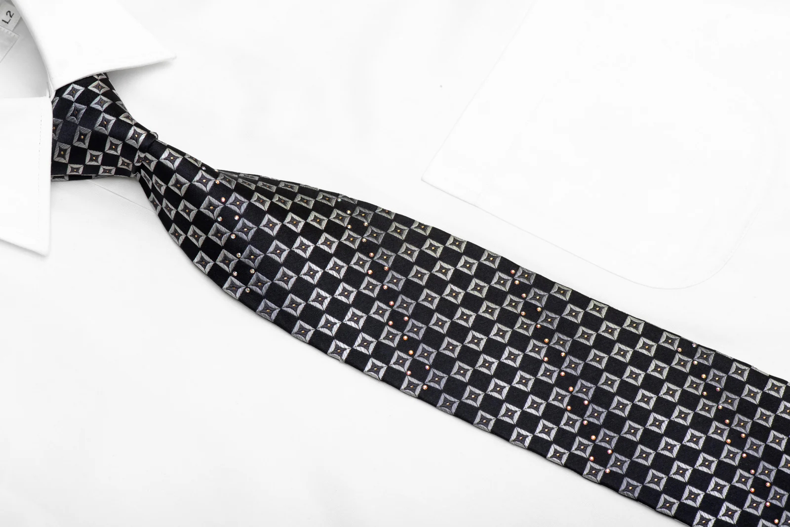 Silver Black Checkered Rhinestone Silk Tie With Gold Sparkles - Image 2