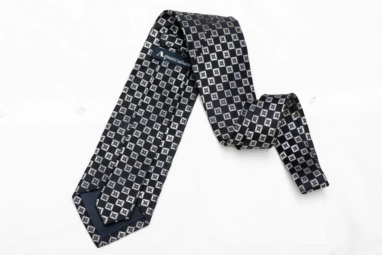 Silver Black Checkered Rhinestone Silk Tie With Gold Sparkles - Image 4
