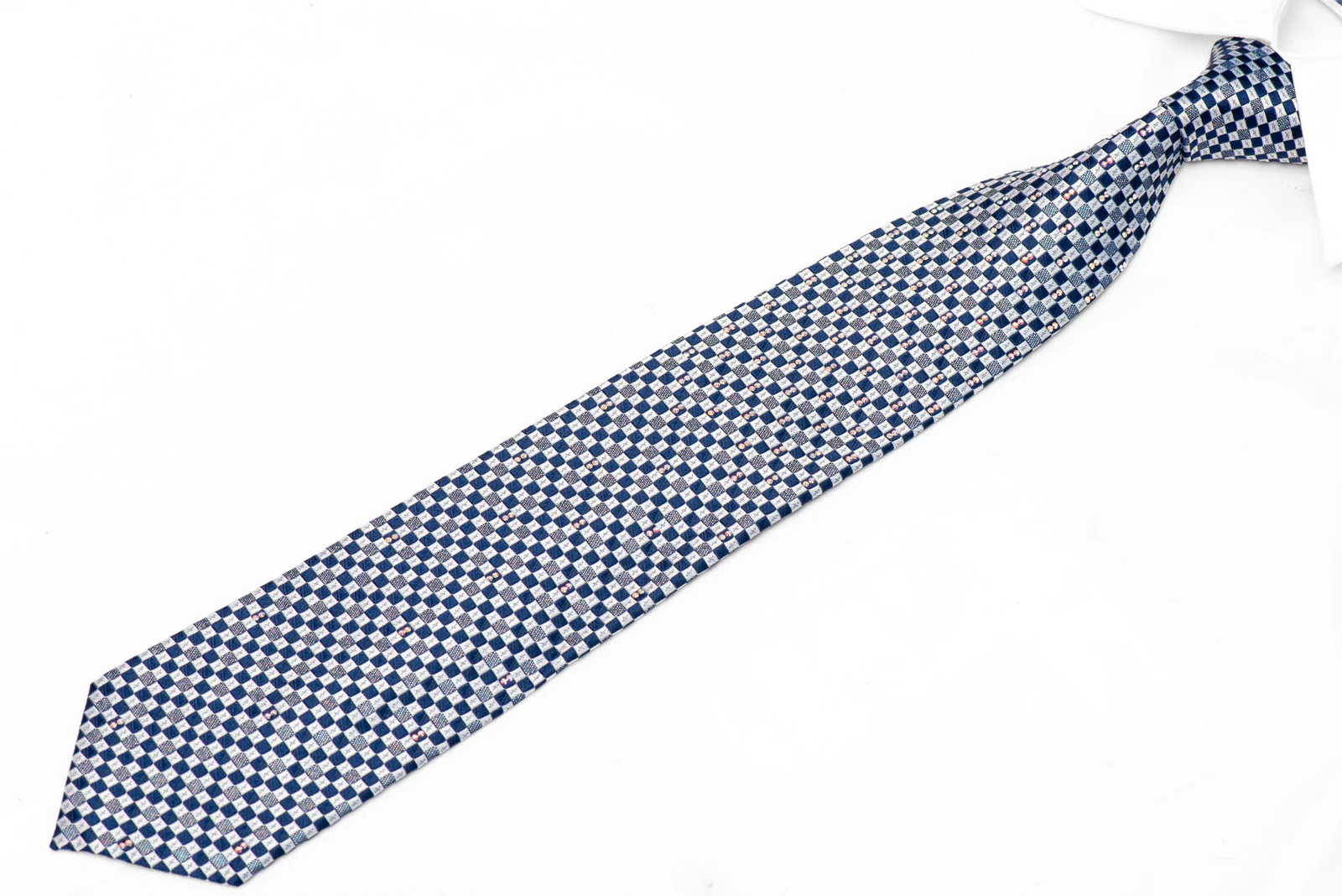 Silver Blue Checkered Crystal Rhinestone Silk Tie With Silver Sparkles - Image 2