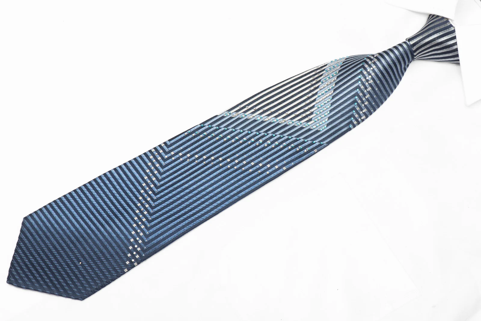 Silver Blue Chevron Striped Design Rhinestone Silk Necktie With Sparkles - Image 2