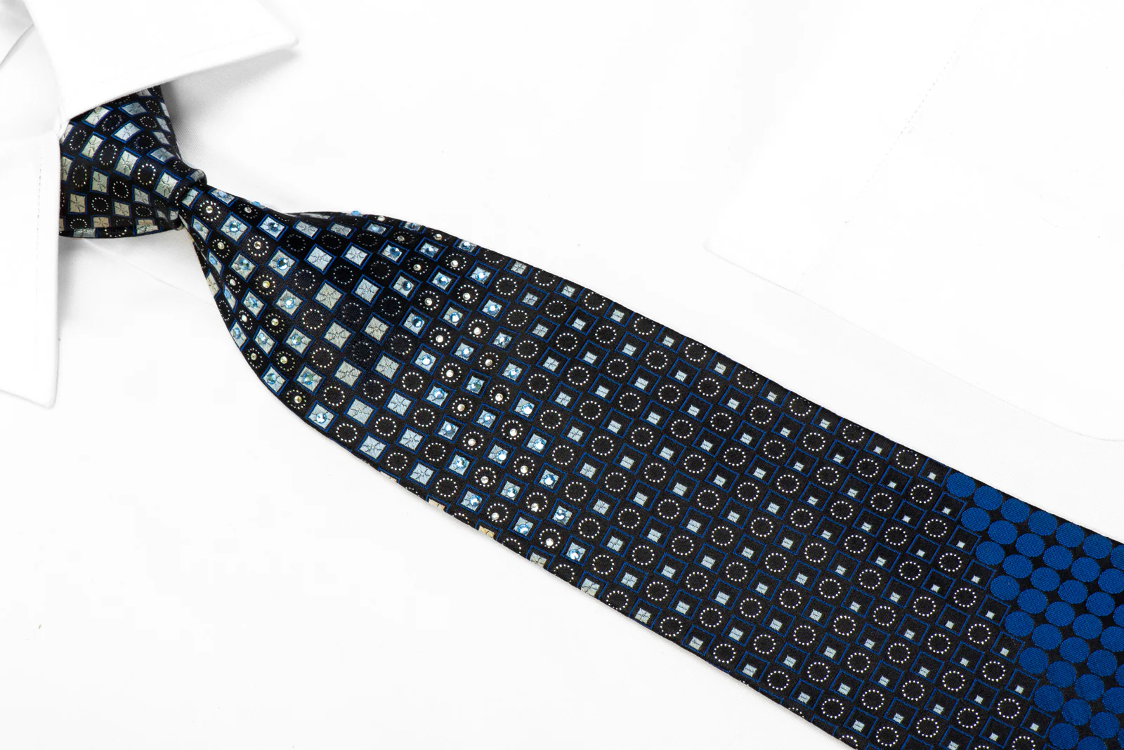 Silver Blue Geometric On Black Rhinestone Silk Tie With Sparkles - Image 2