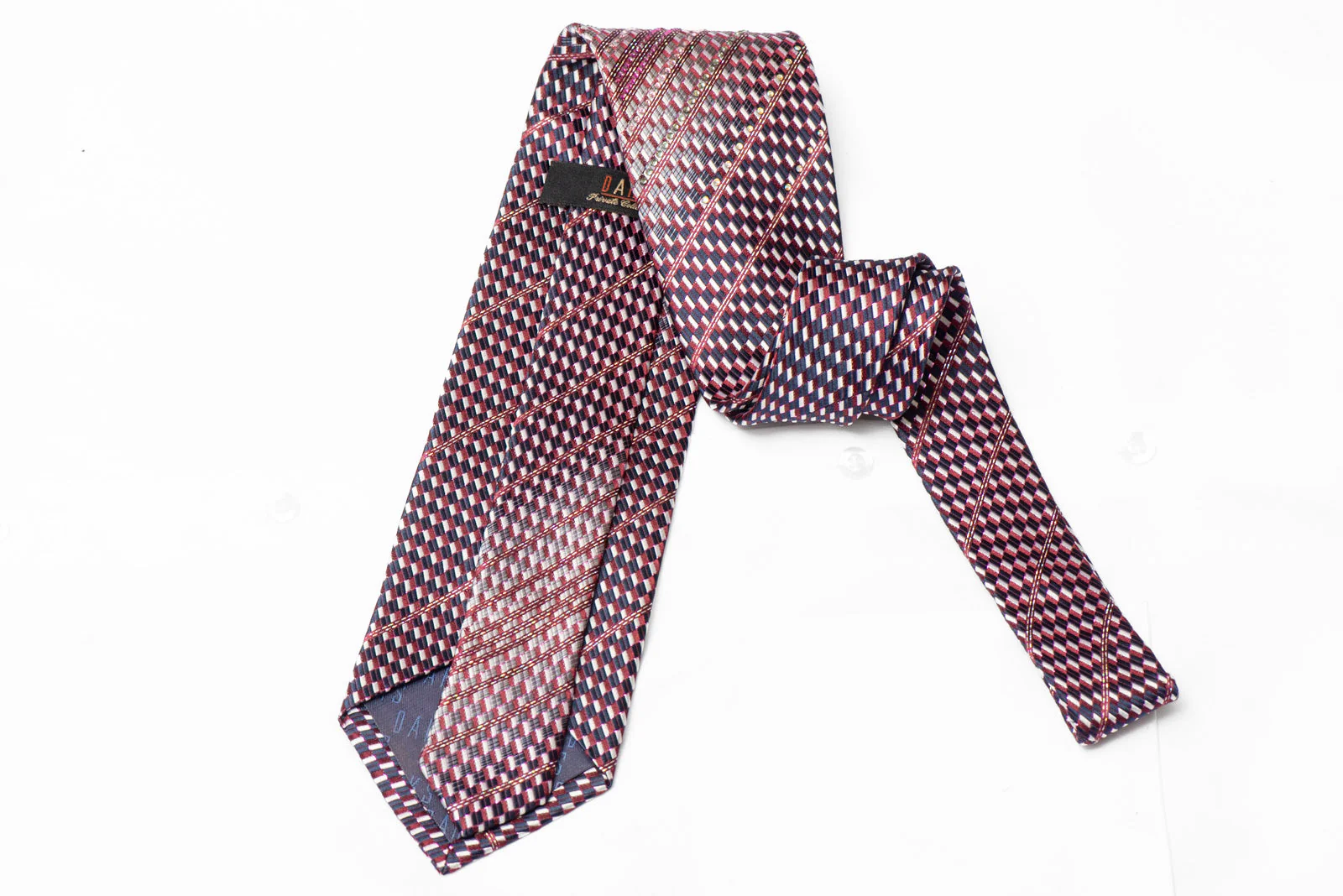 Silver Blue Geometric On Burgundy Rhinestone Silk Tie With Sparkles - Image 3