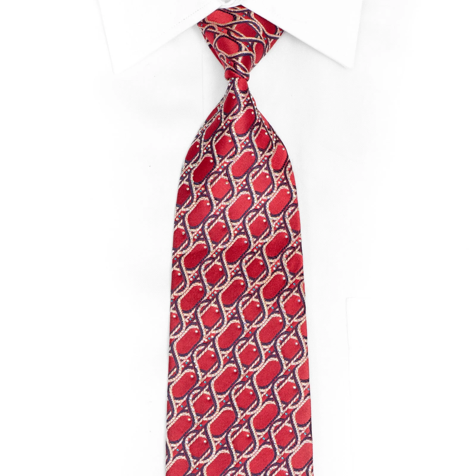 Silver Blue Geometric On Dark Red Rhinestone Silk Tie With Silver Sparkles