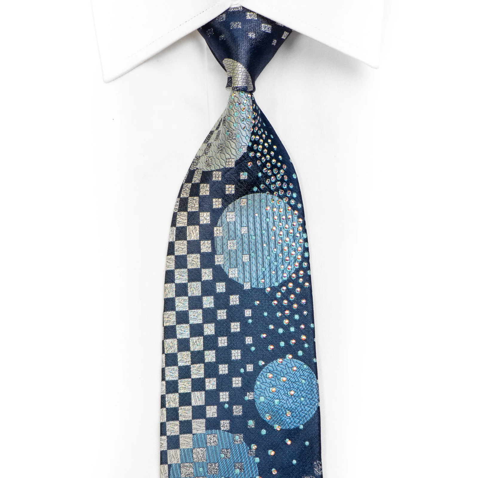 Silver Blue Geometric On Navy Rhinestone Necktie With Silver Sparkles