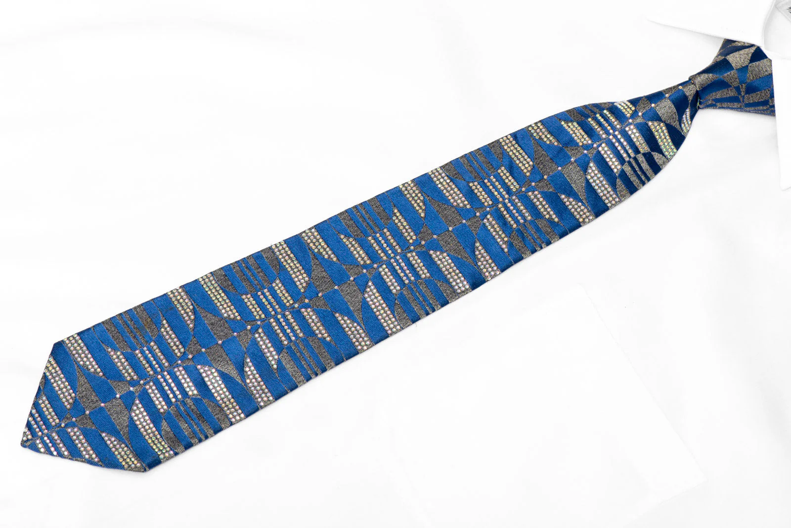 Silver Blue Geometric Rhinestone Silk Necktie - Image 2