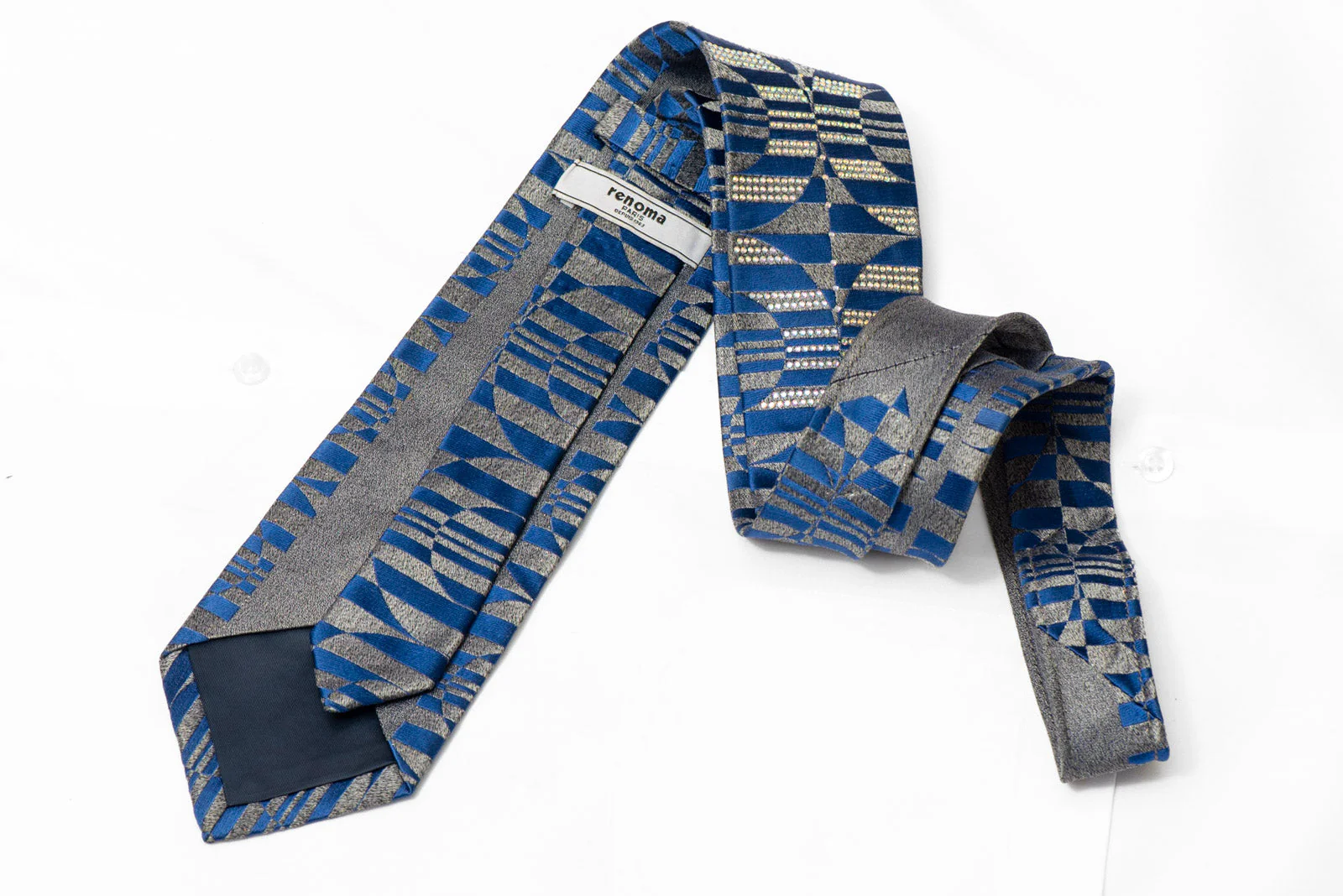 Silver Blue Geometric Rhinestone Silk Necktie - Image 4