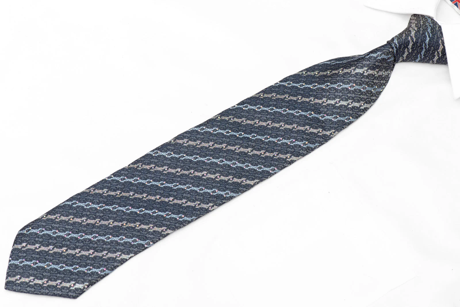 Silver Blue Geometric Striped On Silver Rhinestone Silk Tie With Sparkles - Image 2
