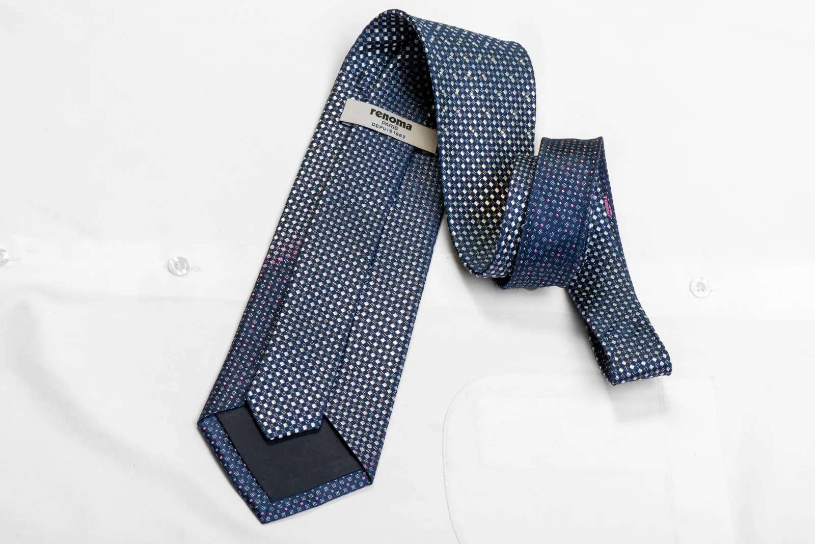 Silver Blue Micro Checkered Rhinestone Silk Necktie With Sparkles - Image 4